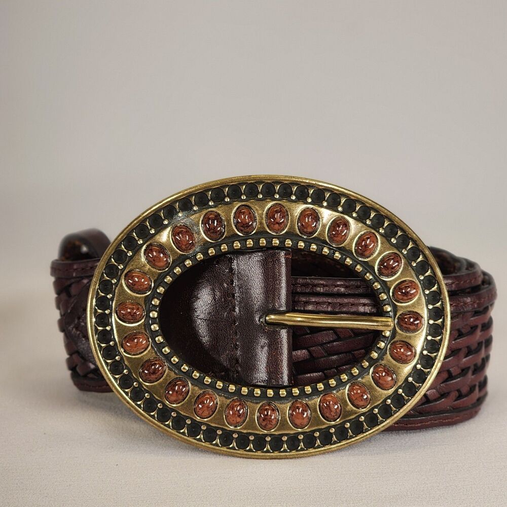 Cold Water Creek Oval Brass Buckle Stones Dark Brown Braided Leather Belt 2X